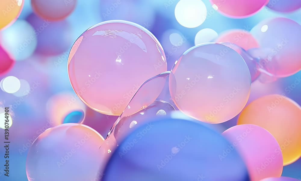 Pastel Pink and Purple Bubbles Floating on a Light Blue Background