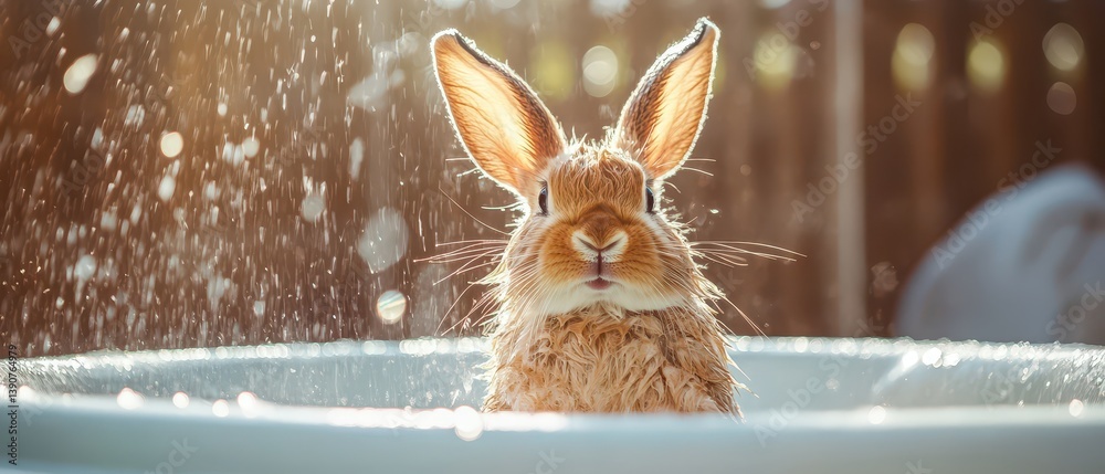 Wet rabbit enjoying a bath in warm sunlight