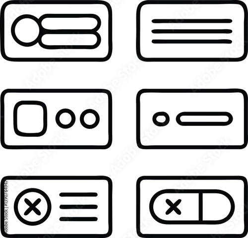 Outline-style UX black icon set featuring common interface elements like toggle switch, slider, input field, dropdown menu, and loading spinner, editable stroke vector