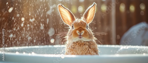 Obraz na płótnie Wet rabbit enjoying a bath in warm sunlight w salonie