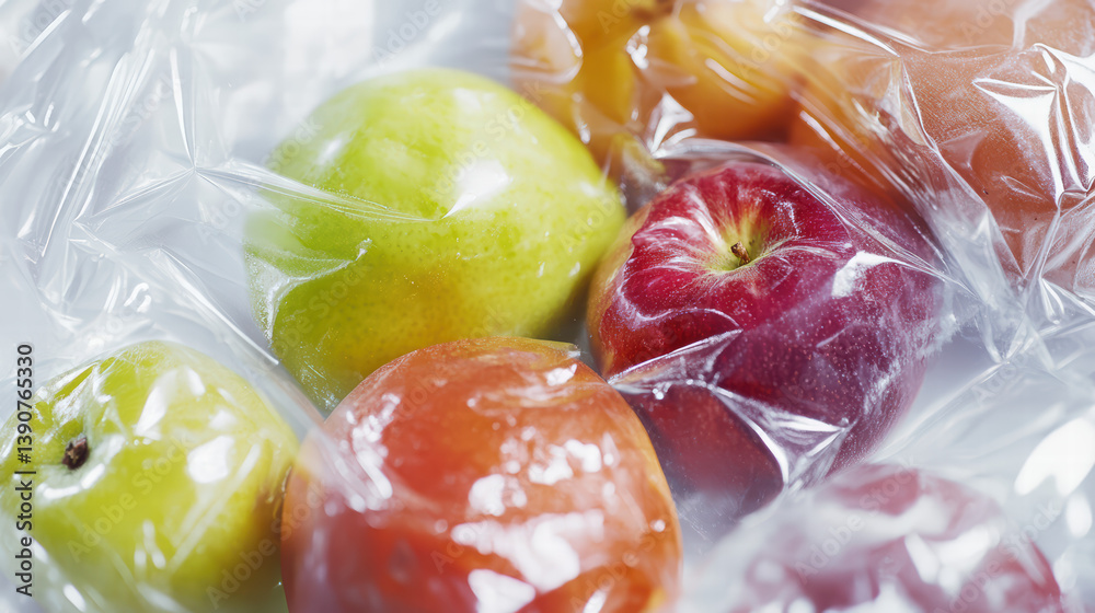 Plastic Wrapped Fresh Fruit: A close-up photograph capturing a vibrant mix of fresh, organic apples and peaches nestled in plastic wrap.
