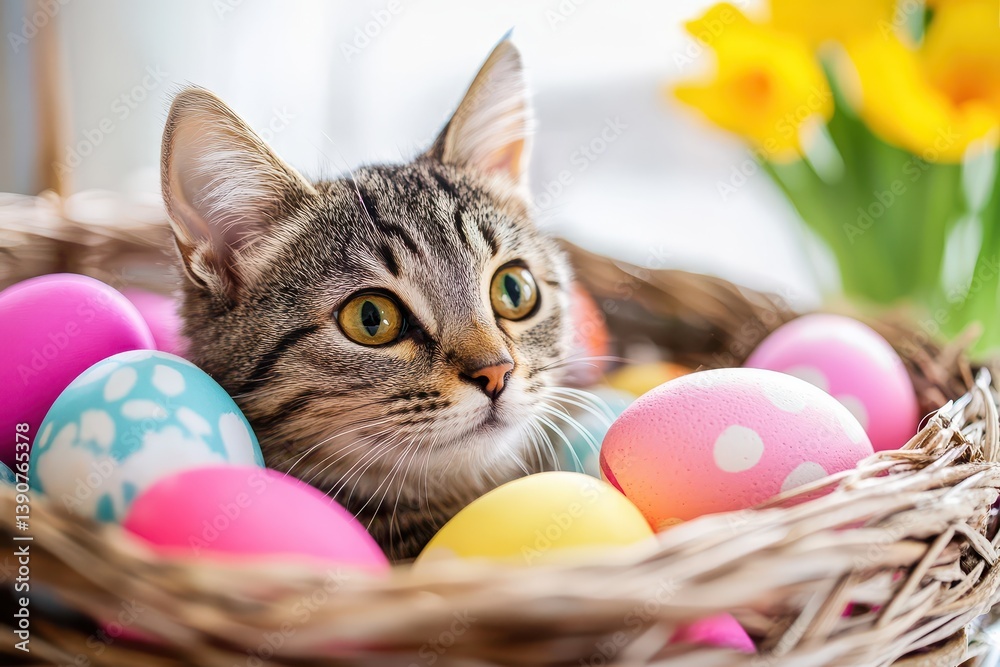 Cat surrounded by colorful eggs in a basket