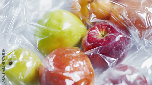 Obraz na płótnie Plastic Wrapped Fresh Fruit: A close-up photograph capturing a vibrant mix of fresh, organic apples and peaches nestled in plastic wrap. w salonie