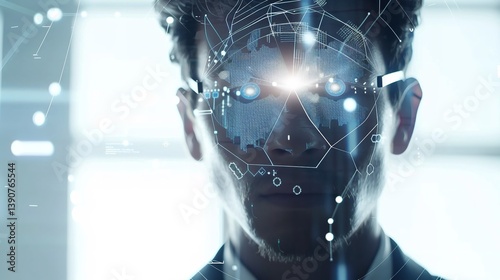 Futuristic Humanoid Robot Interacting with Large Digital Interface