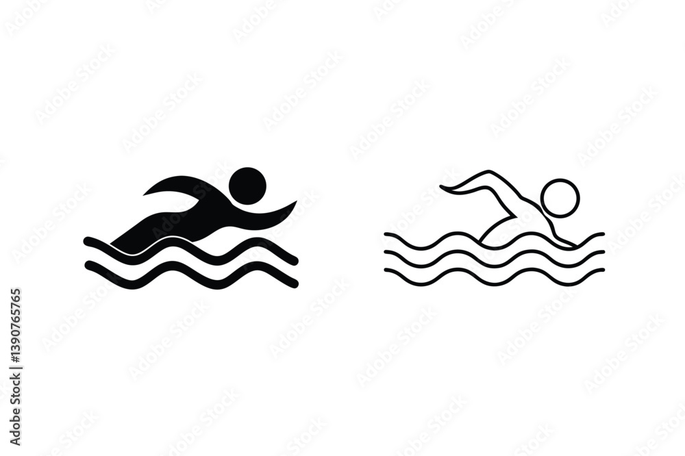 Two Swimming Silhouette Pictograms On Water Waves In Solid And Outline Style Two Swimming Silhouette Pictograms On Water Waves In Solid And Outline Style