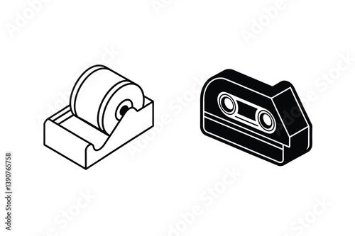Minimalist Isometric Design Featuring Audio Cassette And Tape Dispenser Illustration