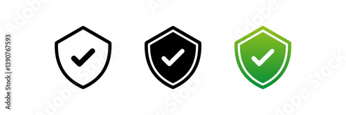 Shield check mark icon or security shield protection icon with tick symbol. green security shield icon