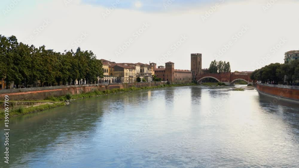 Picturesque panorama of Castelvecchio and Scaliger Bridge (Ponte Scaligero) on the Adige river in Verona, Italy Picturesque panorama of Castelvecchio and Scaliger Bridge (Ponte Scaligero) on the Adige river in Verona, Italy