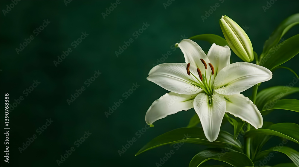 White Lily Blooming Against Dark Teal Background Showing Delicate Petals and Green Leaves White Lily Blooming Against Dark Teal Background Showing Delicate Petals and Green Leaves