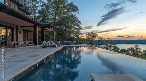 Luxurious Modern House with Infinity Pool Overlooking Scenic Sunset Landscape and Tranquil Lake View
