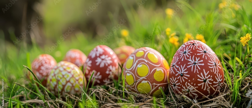 Colorful eggs are arranged on grass in springtime