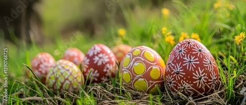 Obraz na płótnie Colorful eggs are arranged on grass in springtime w salonie