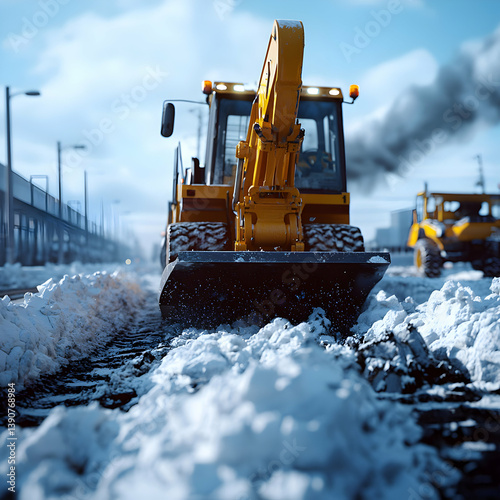 Yellow Excavator Clearing Snow On A Winter Road During Day With Another Vehicle