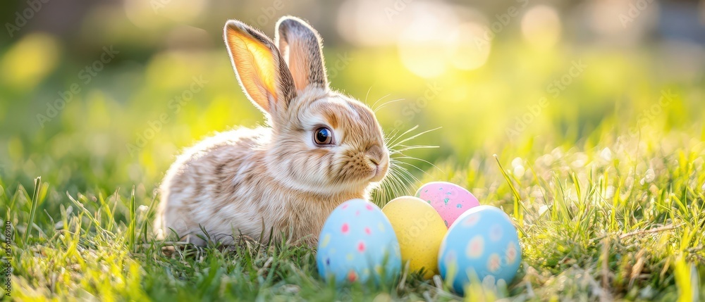 Cute bunny with pastel eggs during springtime
