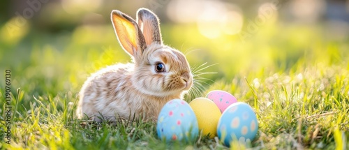 Obraz na płótnie Cute bunny with pastel eggs during springtime w salonie