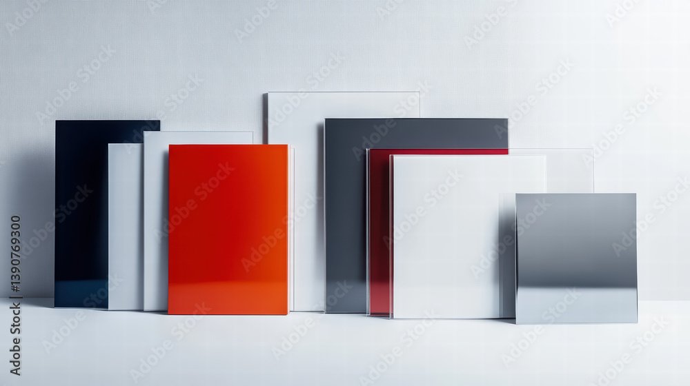 Glossy Acrylic Sheets Display: An assortment of glossy acrylic sheets in various colors and sizes are neatly displayed on a tabletop, showcasing their smooth, polished surfaces and vibrant hues.