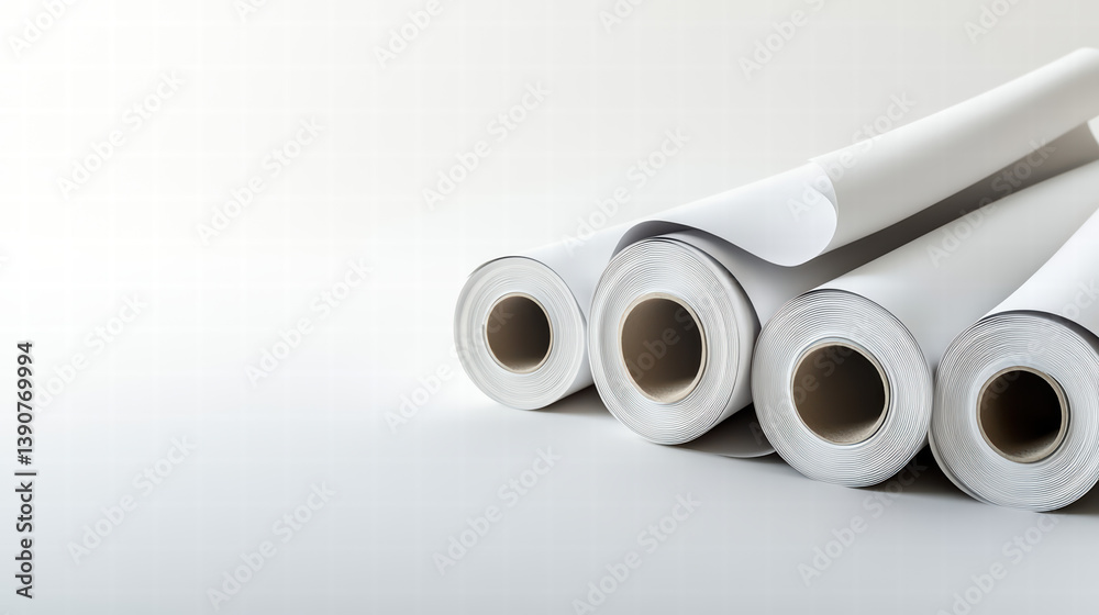 Fototapeta premium Rolled Paper Stock: Four rolls of pristine white paper stock sit neatly arranged, ready for printing or design projects. The smooth texture and uniform shape suggest high quality and versatility.