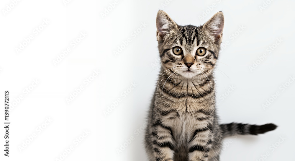 Adorable Tabby Kitten Sitting and Looking at Camera with Striped Fur Adorable Tabby Kitten Sitting and Looking at Camera with Striped Fur