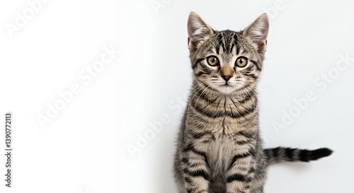 Adorable Tabby Kitten Sitting and Looking at Camera with Striped Fur