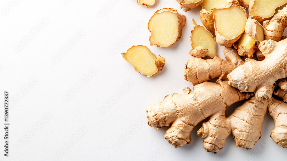 Warm and Aromatic Ginger Root Slices Highlighting Natural Textures and Colors Warm and Aromatic Ginger Root Slices Highlighting Natural Textures and Colors