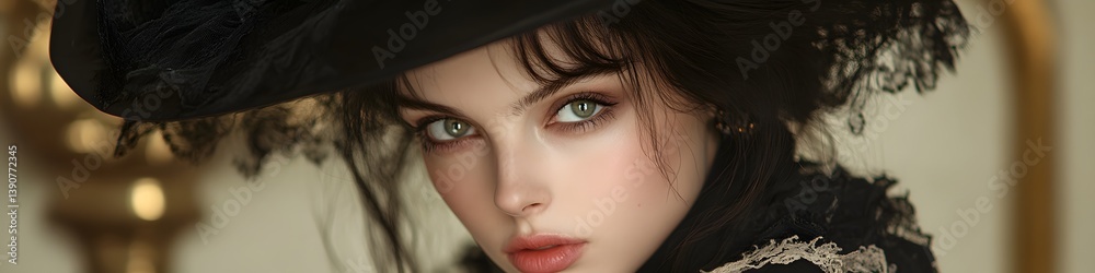 Mysterious gothic woman in lace hat with piercing green eyes and vintage earrings, dark romantic portrait with cinematic lighting and Victorian-inspired style Mysterious gothic woman in lace hat with piercing green eyes and vintage earrings, dark romantic portrait with cinematic lighting and Victorian-inspired style