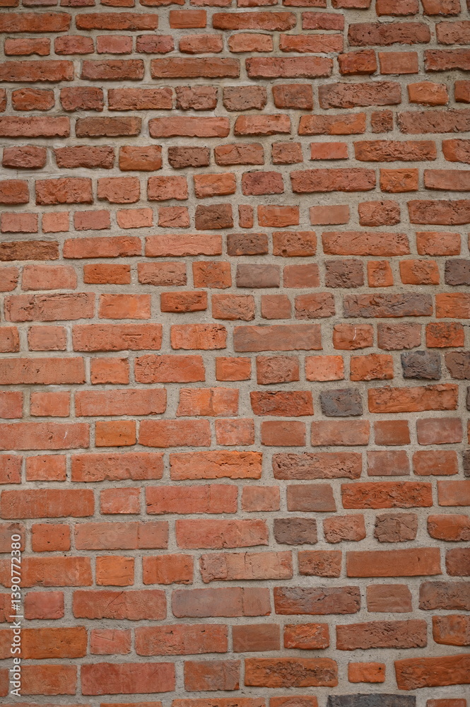 Fototapeta premium Red brick wall close up background. Vintage masonry texture of red bricks with mortar