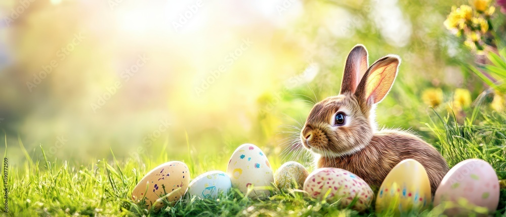 Cute rabbit with colorful eggs in a sunny garden