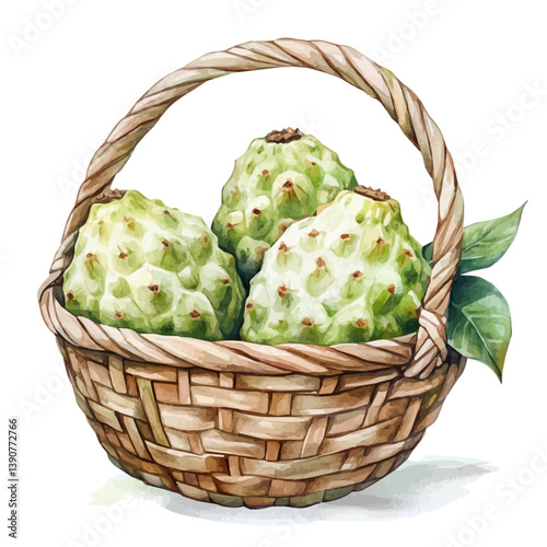 A watercolor painting of Cherimoya basket, isolated on a white background. Cherimoya basket vector

