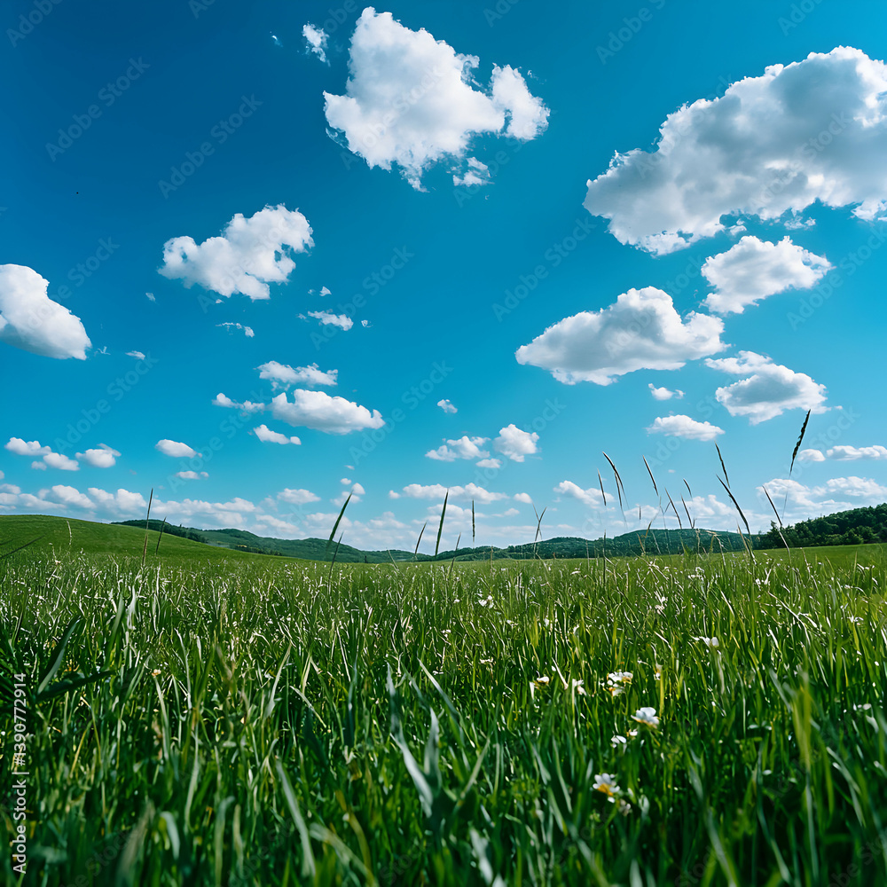 Obraz premium Vibrant Green Field of Wildflowers under a Bright Blue Sky with White Fluffy Clouds