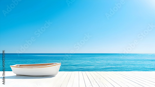 White Rowboat on Wooden Deck Overlooking Blue Ocean under Clear Sky Peaceful Coastal Scene