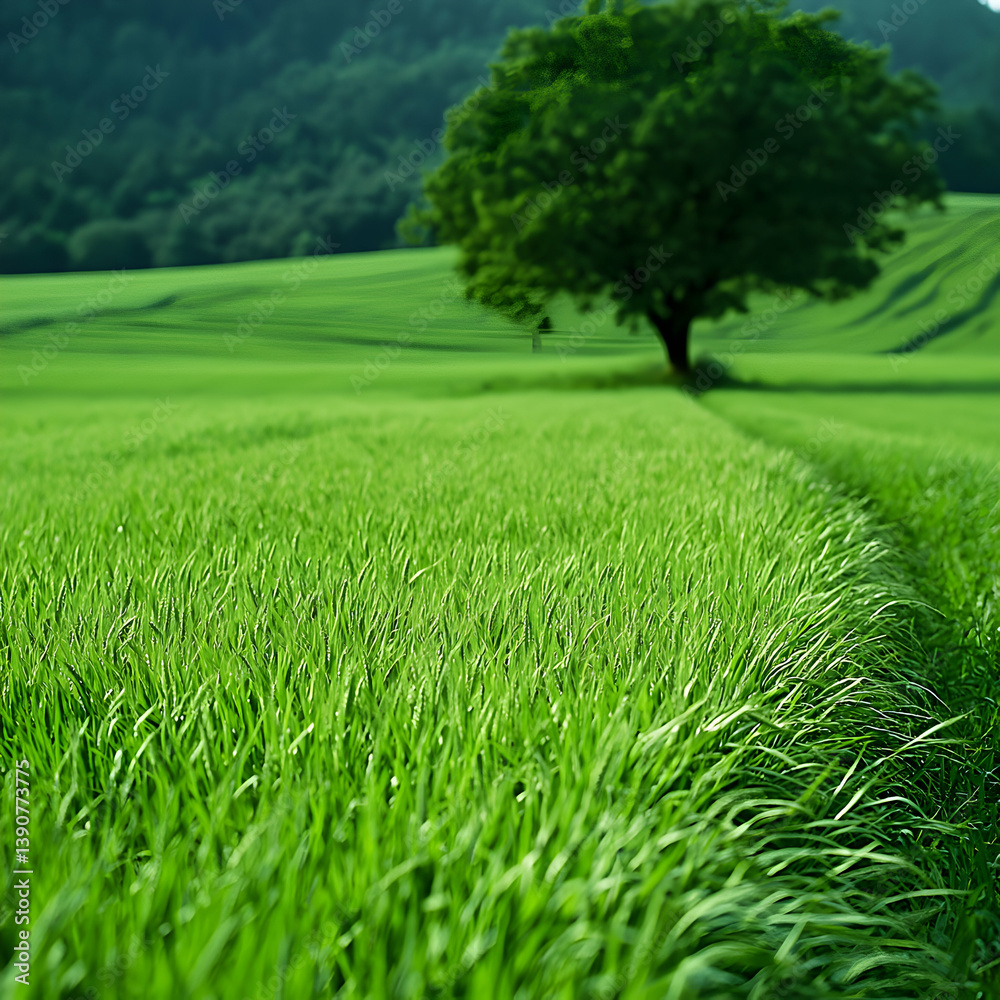 Obraz premium Vibrant Green Field with a Solitary Tree and a Path Leading to Forest under a Clear Sky