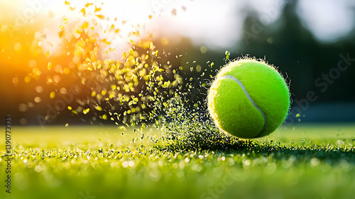 Tennis Ball In Mid-Air On A Green Court Against Bokeh Sunlight Background