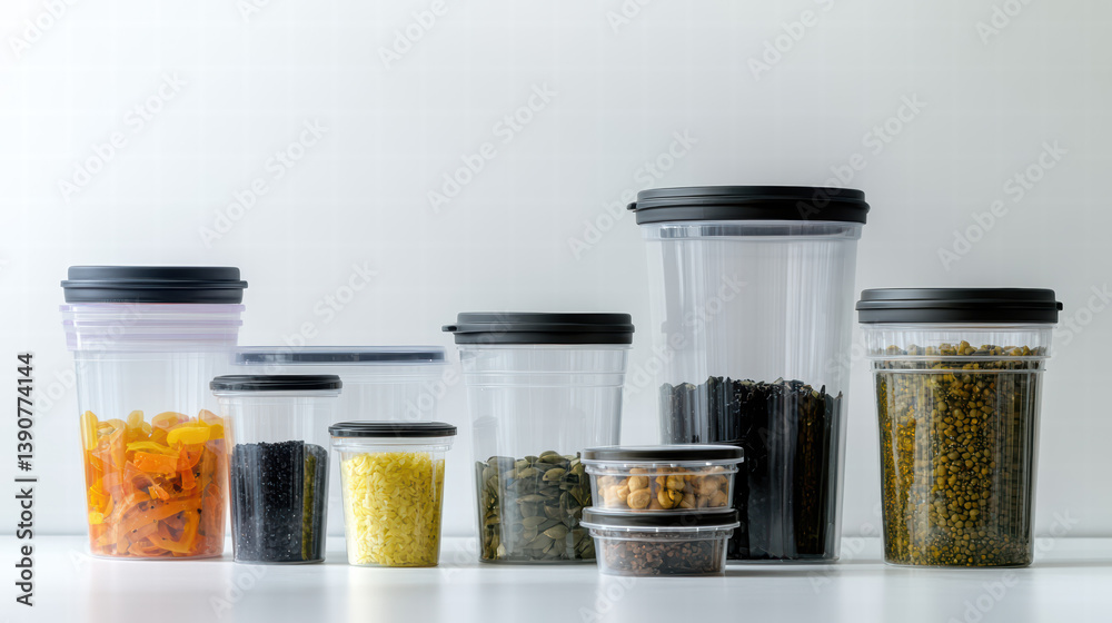 Food Preservation Containers: A neat collection of clear containers showcasing an organized approach to food preservation. with a modern aesthetic.