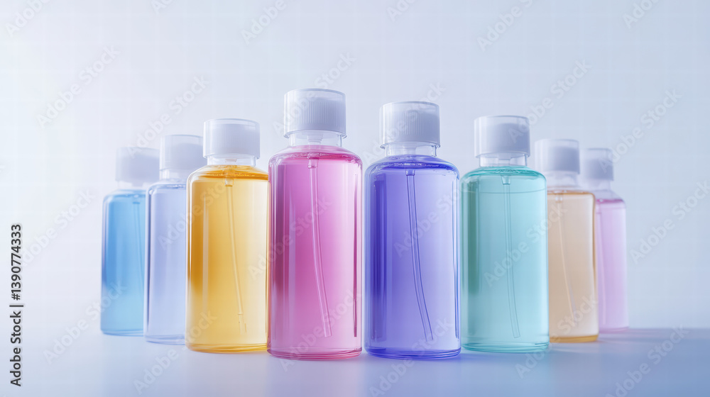 Vibrant Bottles in Array: A collection of colorful, eye-catching bottles arranged, evoking the refreshing feeling of a spa or beauty product display. Vibrant Bottles in Array: A collection of colorful, eye-catching bottles arranged, evoking the refreshing feeling of a spa or beauty product display.