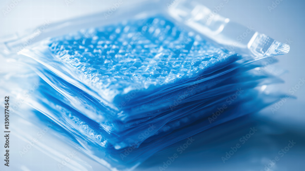 Medical Gauze: A close-up shot of sterile blue medical gauze, tightly sealed in transparent packaging, evoking a sense of cleanliness and care, essential for wound treatment and healthcare.