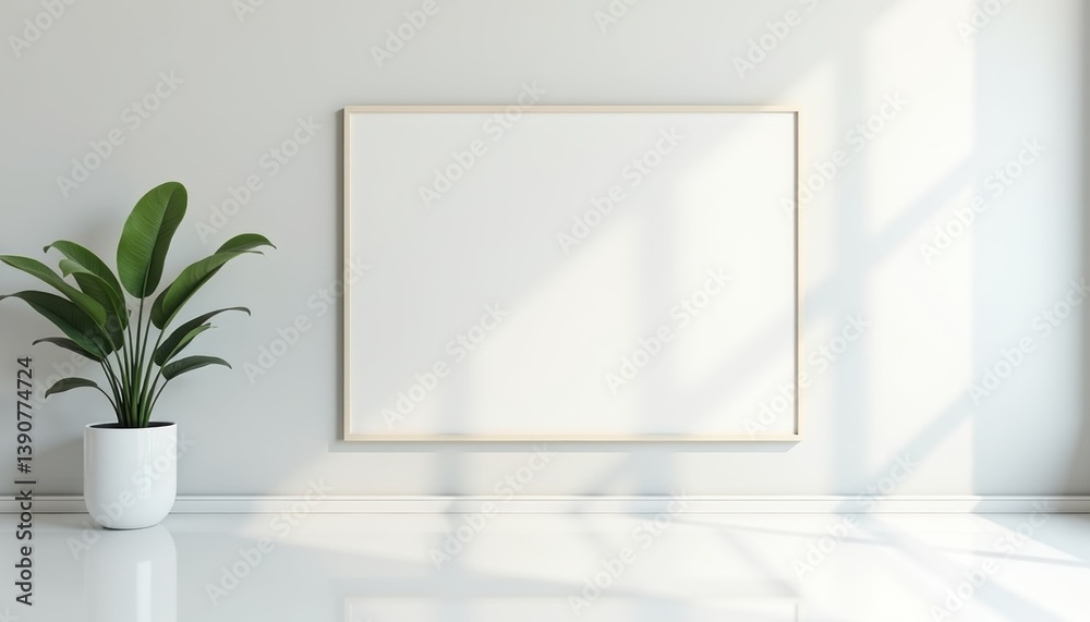 Minimalist interior with empty frame and potted plant in sunlight - Minimalist interior with empty frame and potted plant in sunlight -
