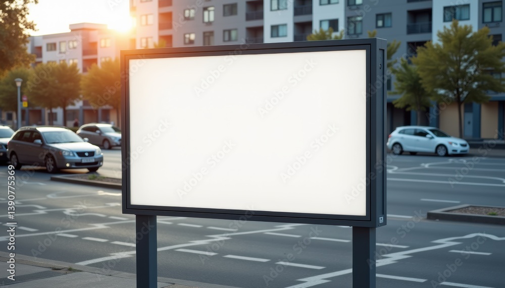 Fototapeta premium Blank billboard against urban background at sunset 
