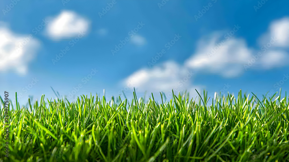 Fototapeta premium Vibrant Green Grass Field Underneath A Clear Blue Sky With Fluffy White Clouds