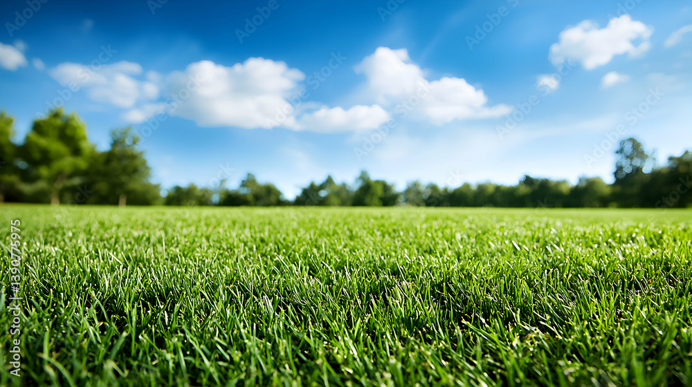 Vibrant Green Grass Field Under Blue Sky With Trees Creating Natural Landscape Vibrant Green Grass Field Under Blue Sky With Trees Creating Natural Landscape