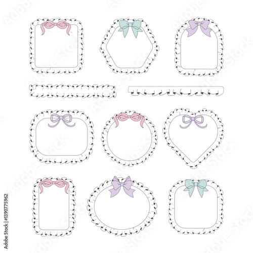 Cute decorative frames with ruffles and bows. Hand-drawn vector set pastel frames в різних shapes. Perfect for scrapbooking, invitations, and baby designs.