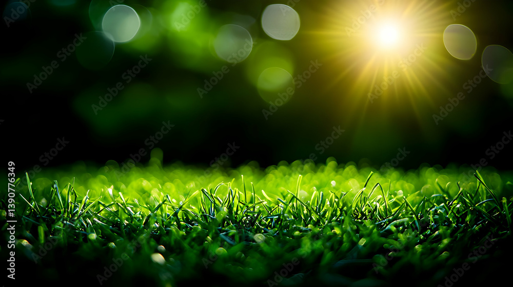 Obraz premium Vibrant Green Grass Illuminated By Sunlight With Bokeh Effect in a Serene Nature Scene