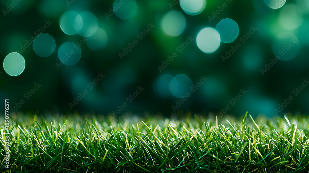 Obraz premium Vibrant Green Grass In Focus Against Blurred Emerald Bokeh Background Creating Dreamy Aesthetic