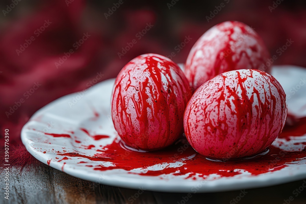 Decorative red eggs on a plate for celebrations