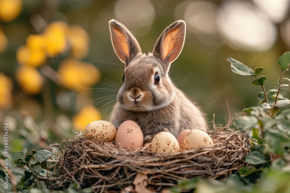 Cute rabbit sits in nest surrounded by eggs