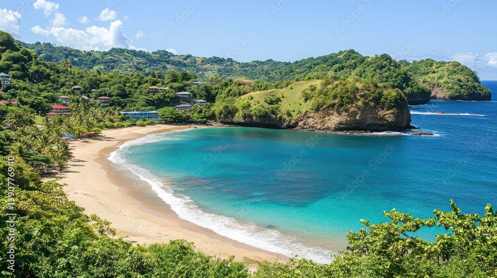 Tropical beach cove, turquoise water, hillside village, sunny day, travel brochure Tropical beach cove, turquoise water, hillside village, sunny day, travel brochure