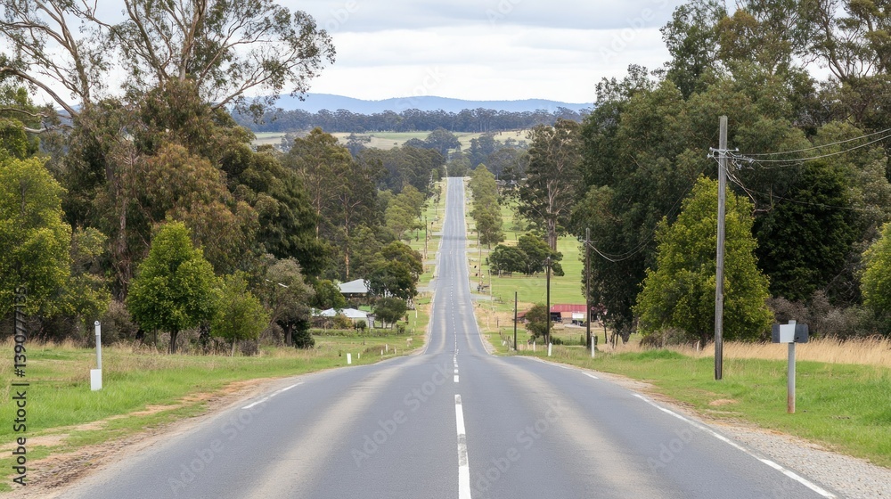 Fototapeta premium Rural asphalt road vanishing into hilly landscape, travel, journey