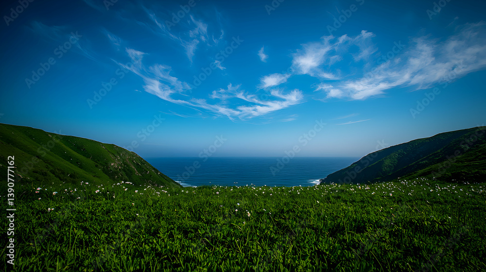 Fototapeta premium Vibrant Green Landscape with Blue Sea and Partially Cloudy Sky