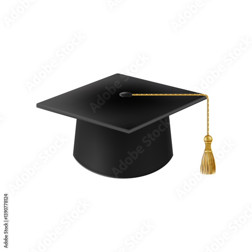 Realistic Black graduate cap. 3D Graduation Doctoral hat.
