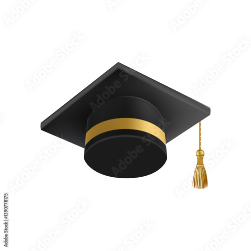Realistic Black graduate cap. 3D Graduation Doctoral hat.