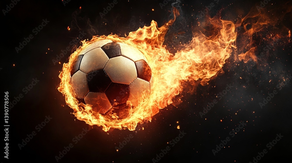 Fototapeta premium Soccer Ball on Fire Against Black Background Representing Passion and Intensity of the Sport